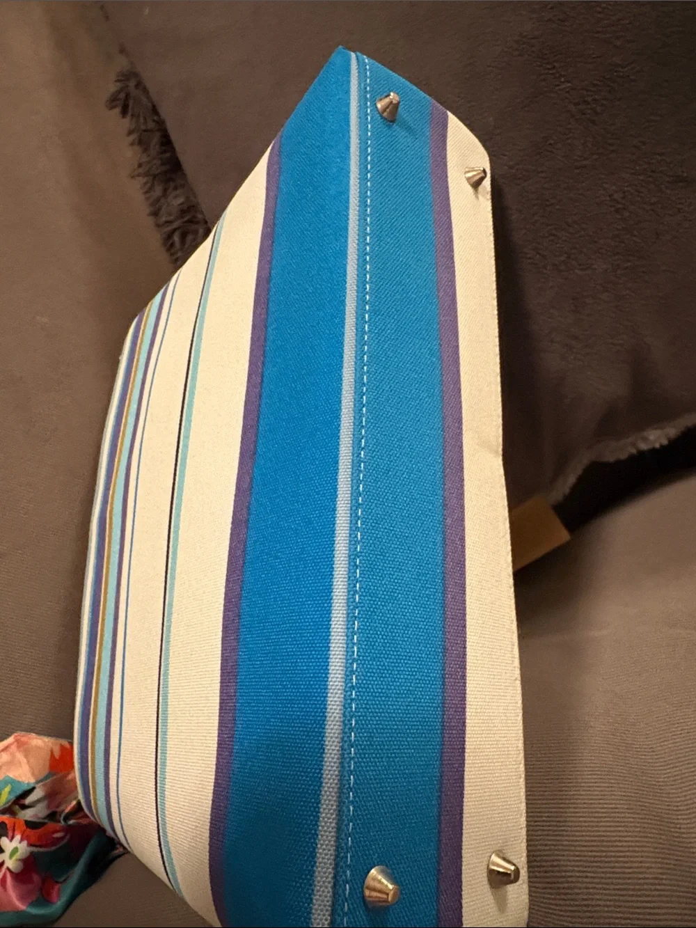 Blue and White Striped Shoulder Bag with Floral Scarf Accent